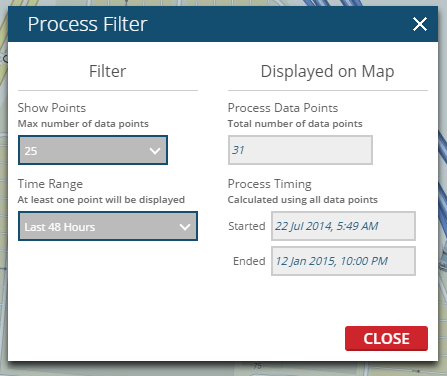 The panel to set the filter settings of a Process map element.